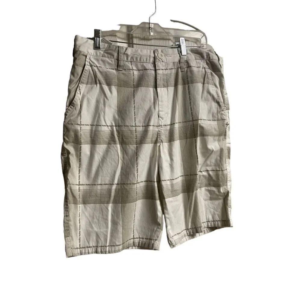 Hurley Mens Tan & Cream Plaid High Rise Flat Front Chino Shorts Size 32